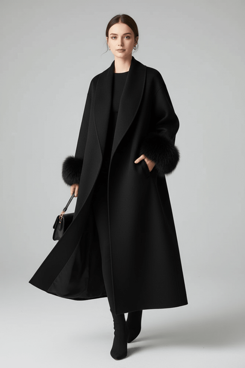 Women's Long Lapel Reversible Cashmere Coat – Beige & Black - @BlackWhite