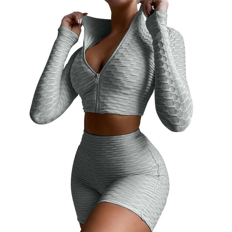 Women's Long Sleeve Yoga Set with Tummy Control Shorts - @BlackWhite