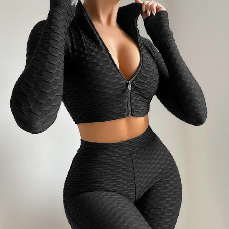 Women's Long Sleeve Yoga Set with Tummy Control Shorts - @BlackWhite