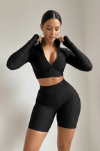 Women's Long Sleeve Yoga Set with Tummy Control Shorts - @BlackWhite