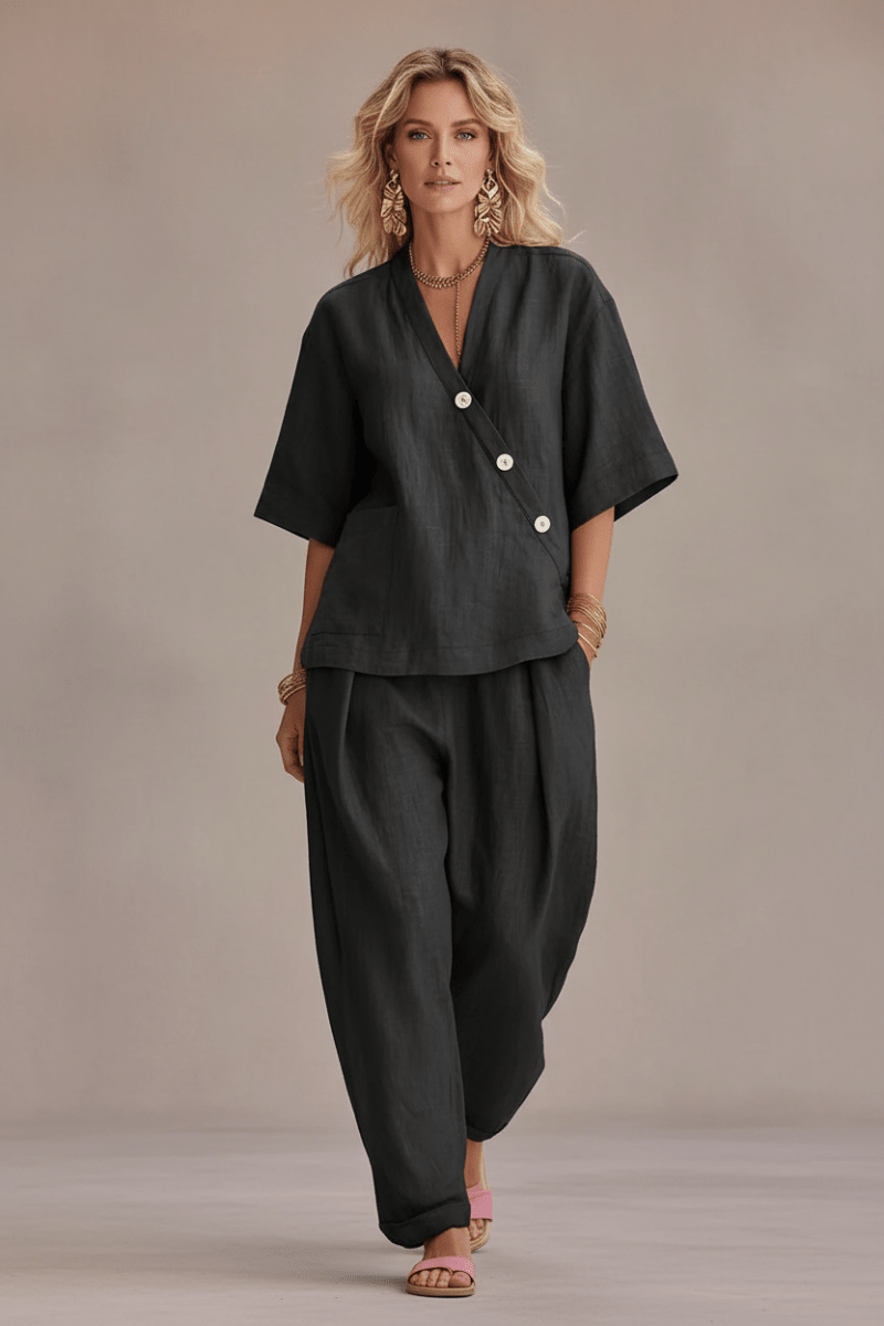 Women's Loose V-Neck Top & High-Waist Trousers Set - @BlackWhite
