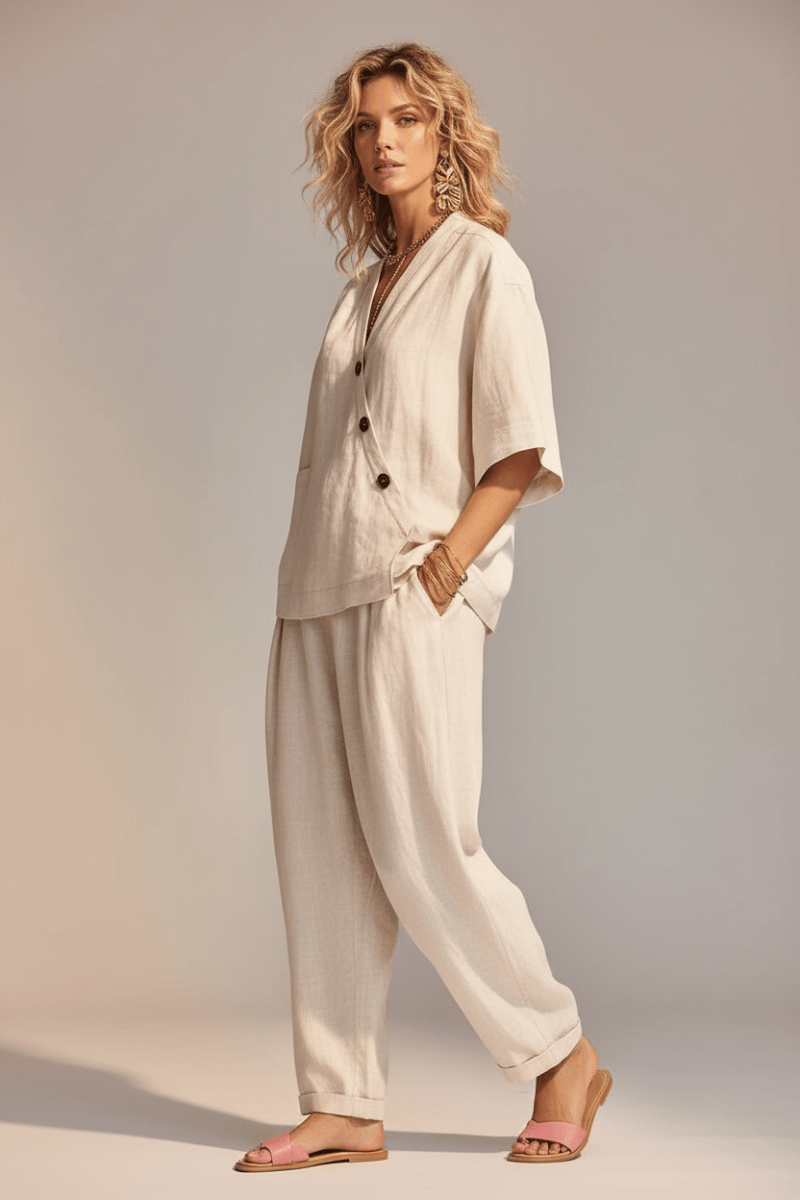 Women's Loose V-Neck Top & High-Waist Trousers Set - @BlackWhite