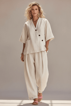 Women's Loose V-Neck Top & High-Waist Trousers Set - @BlackWhite