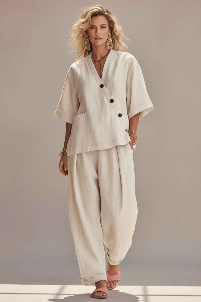 Women's Loose V-Neck Top & High-Waist Trousers Set - @BlackWhite