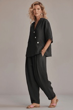 Women's Loose V-Neck Top & High-Waist Trousers Set - @BlackWhite