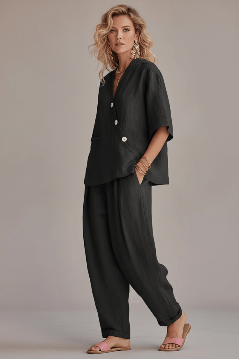 Women's Loose V-Neck Top & High-Waist Trousers Set - @BlackWhite