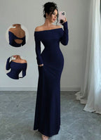 Front view of the navy off-shoulder slim dress, showcasing long sleeves and a flattering sheath style.