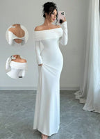 Front view of the white off-shoulder slim dress, featuring a refined fit and long sleeves for a sophisticated look.