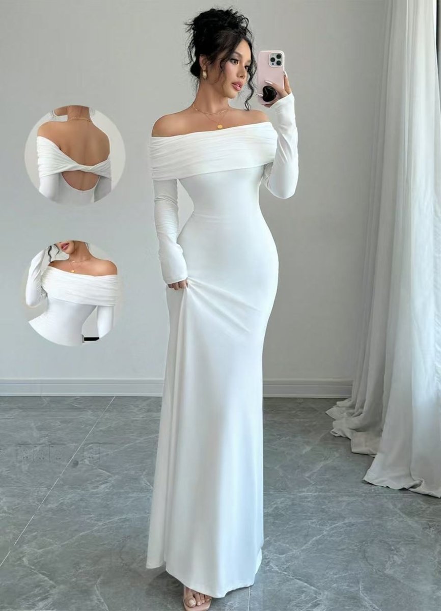 Front view of the white off-shoulder slim dress, featuring a refined fit and long sleeves for a sophisticated look.
