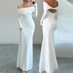 Front view of the white off-shoulder slim dress, elegant minimalist style with long sleeves.