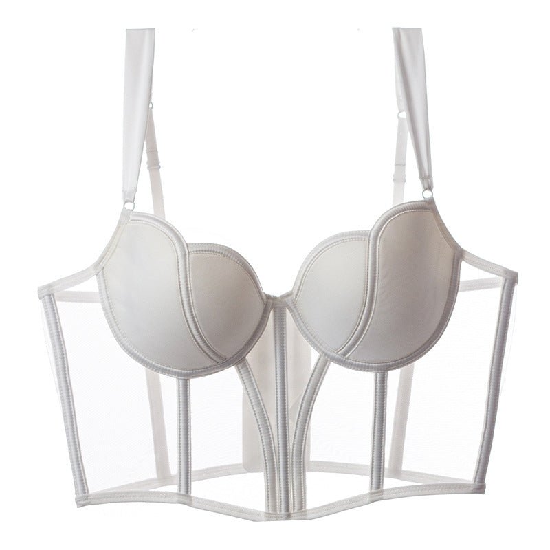 Front view of a white push-up bra featuring mesh design and gathered cups, set against a white background.