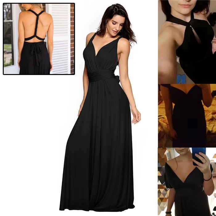 Long black bandage maxi dress with v-neck and open back in a lifestyle shot, showcasing chic minimalist style.