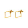 Detail close-up of gold geometric earrings with square shape, emphasizing geometric design.