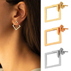 Lifestyle view of geometric titanium steel earrings in gold and rose gold, showcasing square shape.