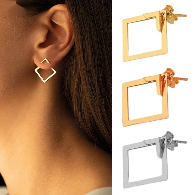 Lifestyle view of geometric titanium steel earrings in gold and rose gold, showcasing square shape.