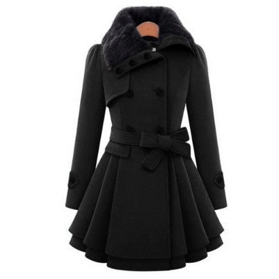 Front view of the black woolen coat showcasing windbreaker style with a flared hem, chic and sophisticated look.