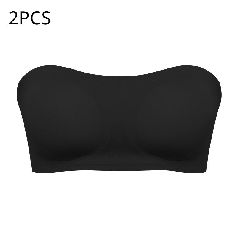 Front view of the black strapless tube bra, showcasing its strapless design for elegant looks