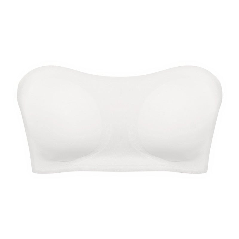 Front view of the white strapless tube bra, featuring a smooth design ideal for chic outfits