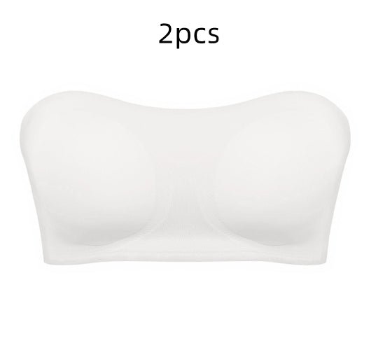 Front view of the white strapless tube bra with smooth fabric and buckle detail, ideal for chic minimalist outfits