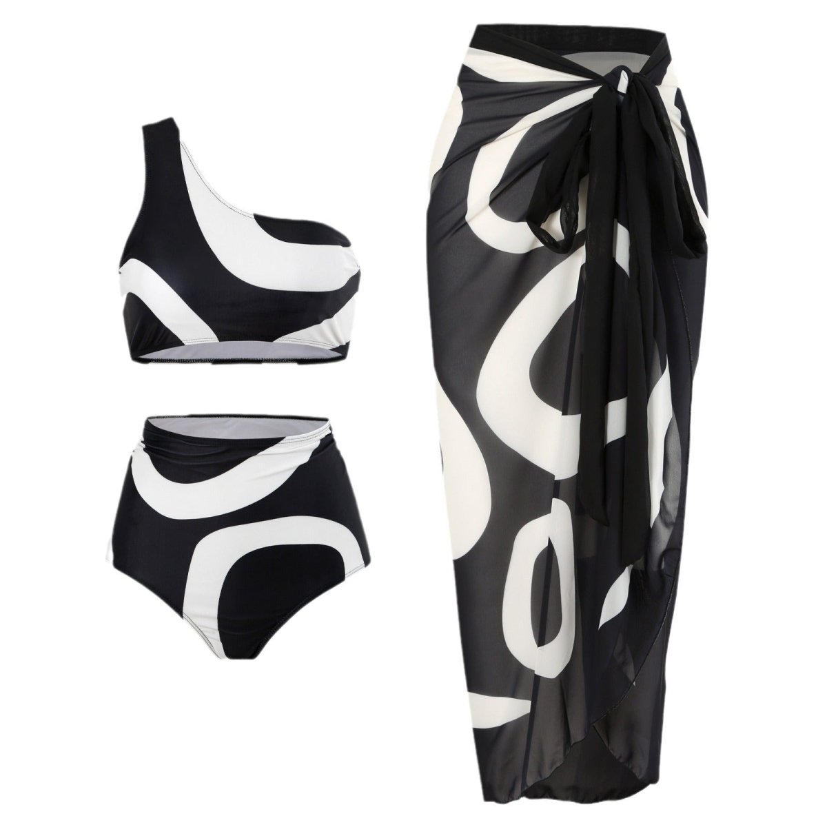 Bikini with wrap skirt featuring one-shoulder design on a white background, showcasing chic beachwear.