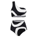 Black bikini with one-shoulder and high-waisted bottom displayed on a white background.