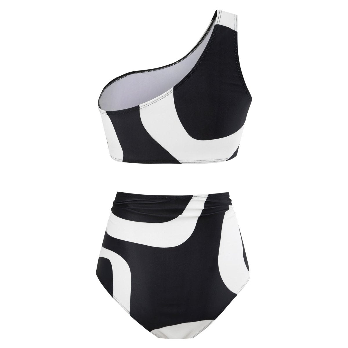 Front view of black bikini set with high-waisted bottom, showcasing one-shoulder design.