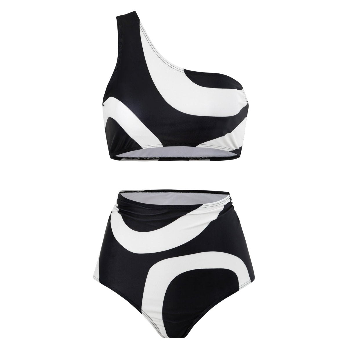Front view of black bikini set featuring one-shoulder design and high-waisted bottom on a white background.