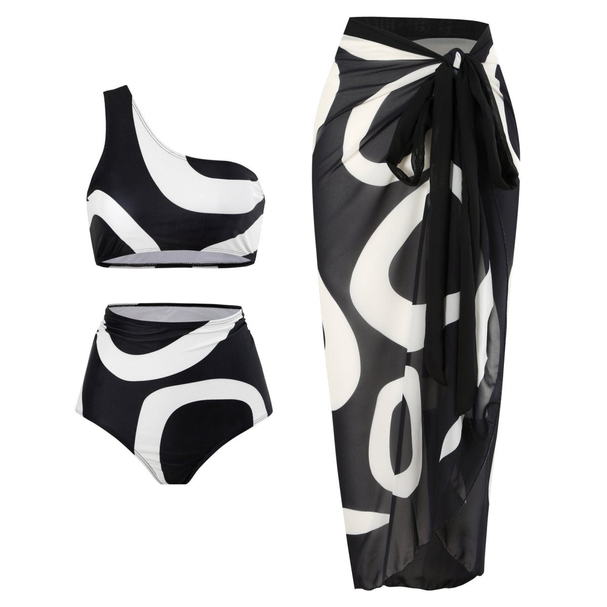 High-waisted black bikini wrap skirt in a lifestyle shot, featuring a one-shoulder design.