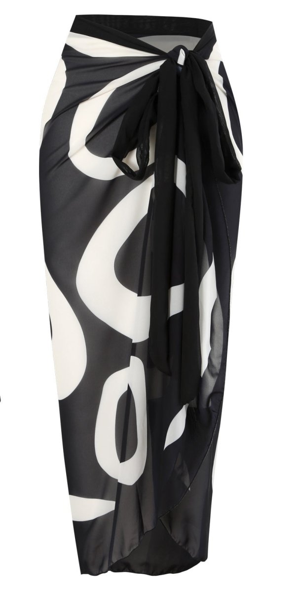 Side view of black wrap skirt with tie closure and abstract pattern, emphasizing stylish details.