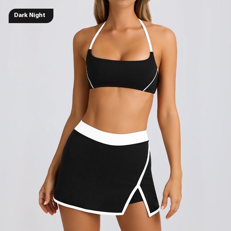 Front view of the black and white sports bra and wrap skirt set, elegant minimalist style @Black#White