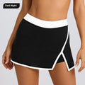Front view of the black wrap skirt with elastic waistband, stylish addition to a capsule wardrobe @Black#White